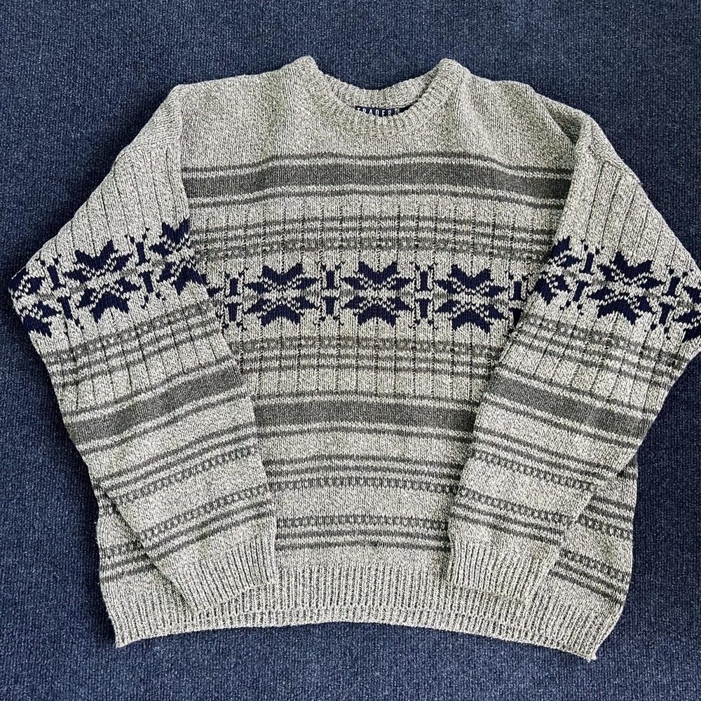 Vintage Trader Bay Sweater Mens XL Gray Fair Isle Knit Crewneck Pullover USA